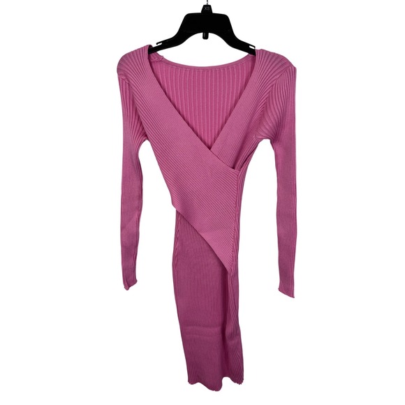 Pink Long Sleeve Dress V Neck Ribbed Knit Sweater Dress size S/M stretchy - Picture 4 of 6